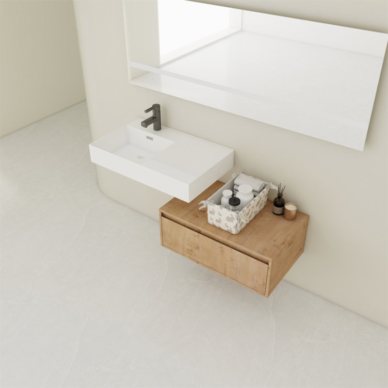 Meuble-lavabo mural de 30 po avec lavabo en résine, tiroir à fermeture en douceur et design flottant pour les espaces modernes