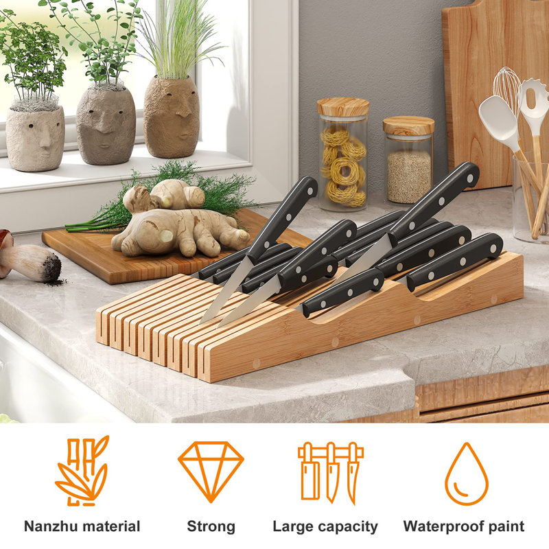 Bamboo Wood Drawer Knife Organizer, Natural