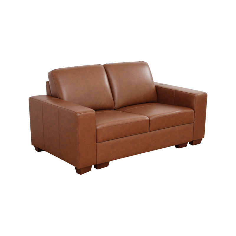 70" 2-Piece Genuine Cowhide Leather Luxury Living Room Loveseat, Brown, Brown Wood