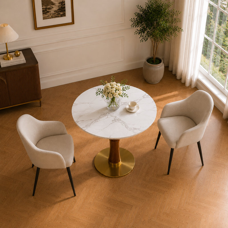 33.5" Round Sintered Stone Dining Table with Solid Rubberwood Pedestal Base and Stainless Steel Bottom, Modern Dining Table for 2-4 People