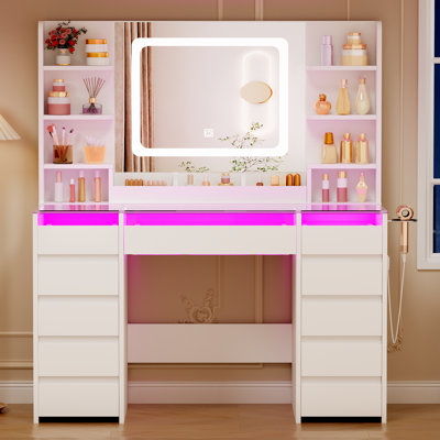 Meuble-lavabo moderne Adriel avec miroir à DEL, éclairage RVB, 11 tiroirs, plateau en verre, station de charge et support pour sèche-cheveux