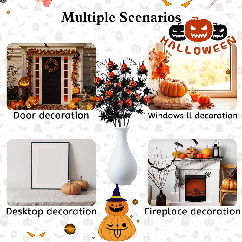 5 pièces de tiges d'Halloween artificielles avec citrouilles, feuilles d'érable noires, faux choix de branches de saule frisé, brindilles décoratives pour Halloween, bricolage, fête de l'artisanat, décoration de la maison (noir)