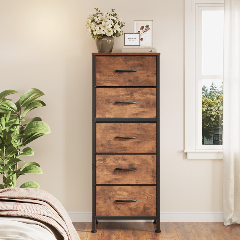 Commode à 5 tiroirs en tissu, commode de rangement verticale avec plateau en bois, grand rangement, Brun rustique