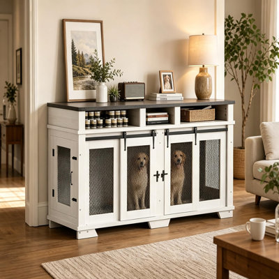 Modern 71 Inch Double Dog Crate Furniture with Storage Drawers and Removable Divider