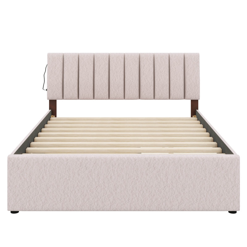 Lit plateforme tapissier Teddy, Beige, Grand lit