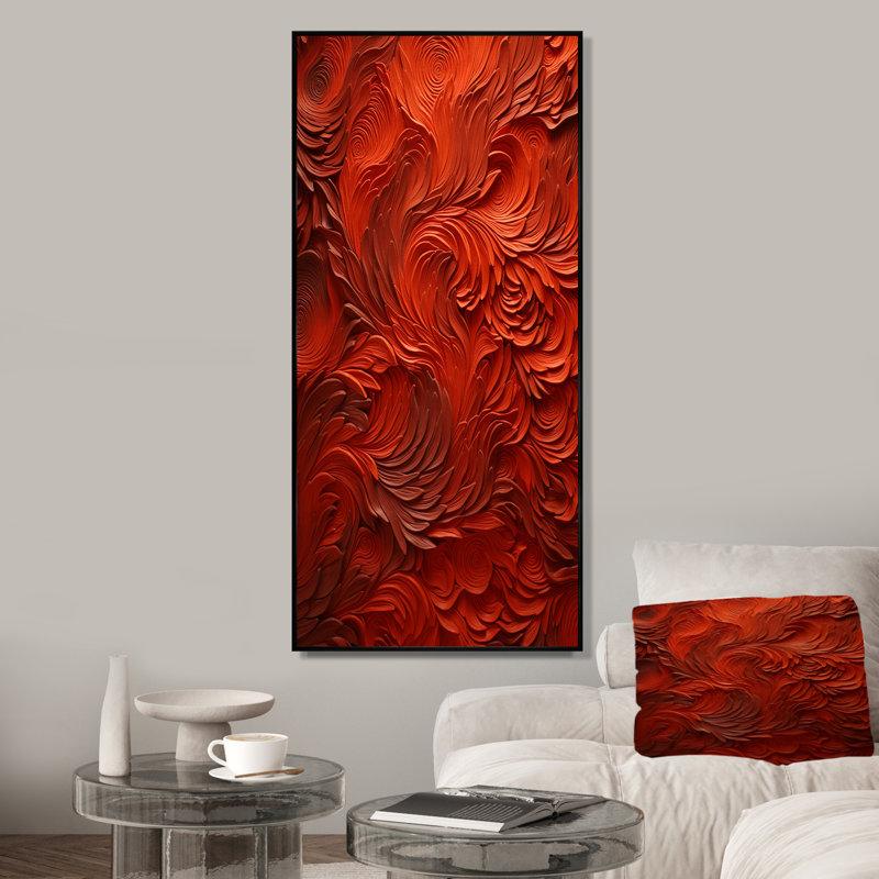 Volcanic Red Fusion Vector 2 - Tachisme, art mural, Cadre flottant noir, 32" H x 24" W