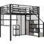 Lit mezzanine double en métal avec bureau compact, garde-robe et rangement - tablettes polyvalentes à thème noir-726085982