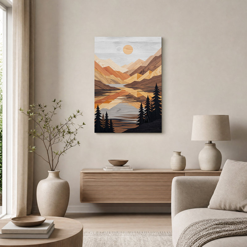 Tableau sur toile « Reflet du lac Wood Mountain avec des pins », H 24 po x l 16 po