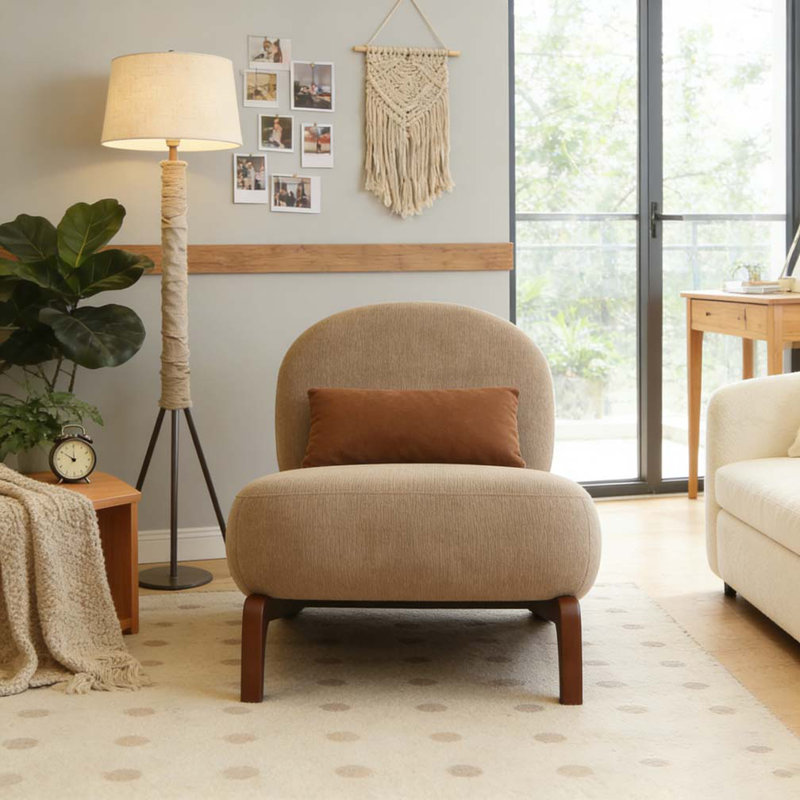 Cute Accent Chair with Solid Wood Legs, Fabric, Caramel