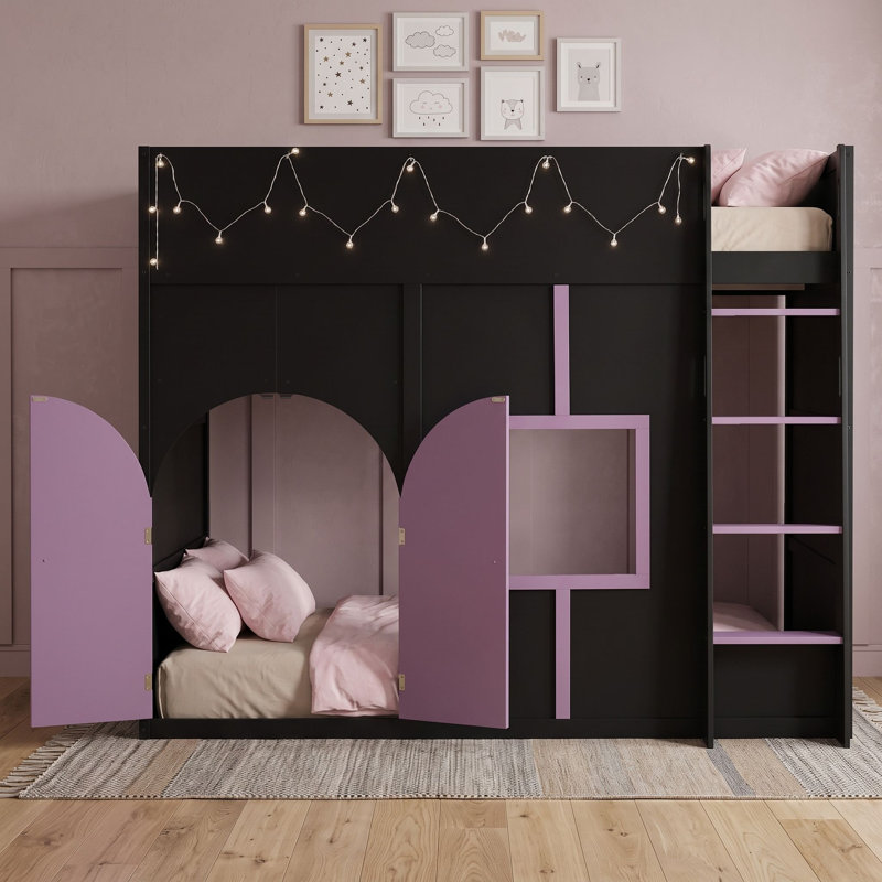 Lit mezzanine en bois avec guirlande lumineuse et échelle, Black