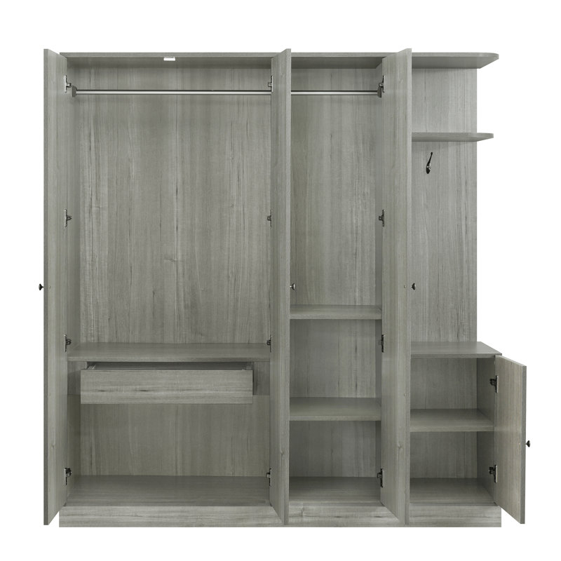 4 Door Armoire With Open Storage And Mirror, Grey