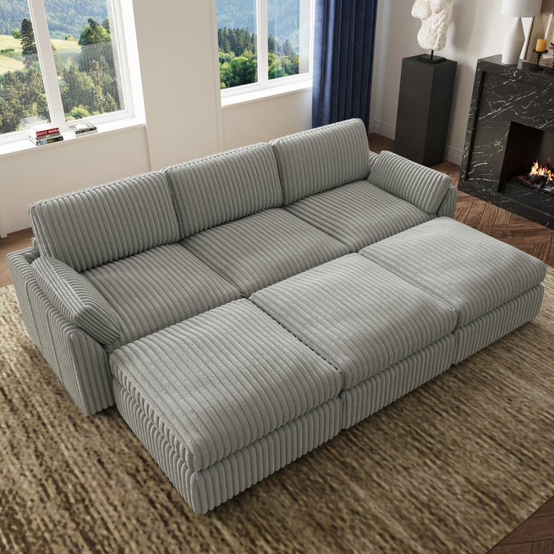 Plush Wide Corduroy Couch Modular Sectional Sofa Bed With Detachable Cushions, Gray Corduroy