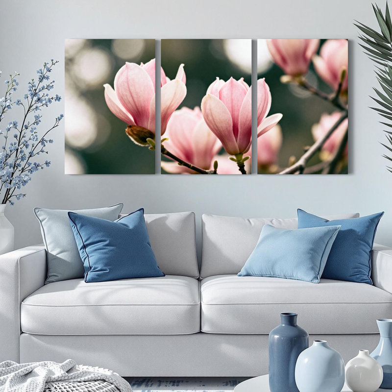 Ensemble de 3 tableaux sur toile tendue représentant des fleurs de magnolia rose, pour la décoration du salon et de la chambre.