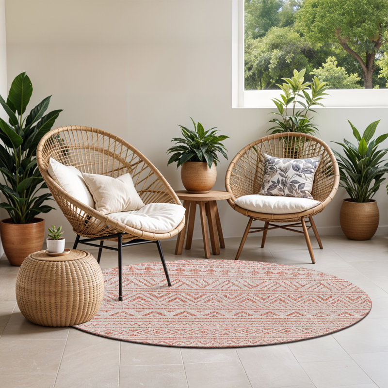 Outdoor Boho Rug Pink/Ivory_EAG2430, Round 160cm