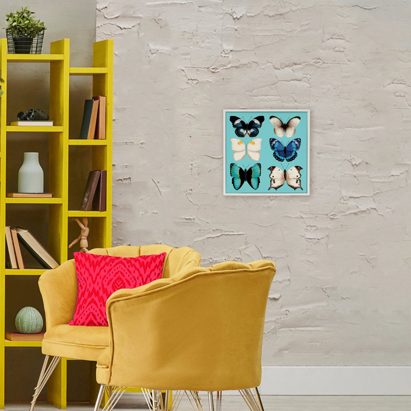 Six différents papillons sur fond turquoise, estampe numérique, design par Metka Hiti, Giclée encadrée blanc bord de mer