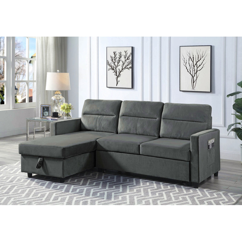 Canapé-lit modulaire réversible en velours de 81,5 po avec méridienne de rangement et poche latérale, Velours gris velours