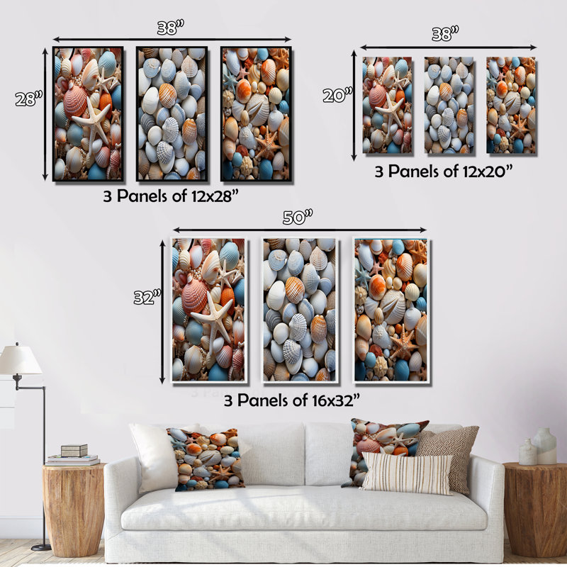 «Beach Photo Seashell Symphony VII», 3 pièces sur toile, H 32 po x l 48 po, Toile tendue