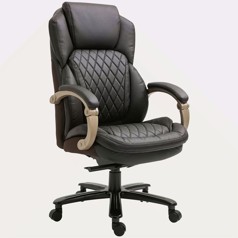 Grand et grand fauteuil de bureau de direction avec siège large, chaise de bureau d'ordinateur avec coutures en losange à dossier haut, hauteur réglable et roues pivotantes