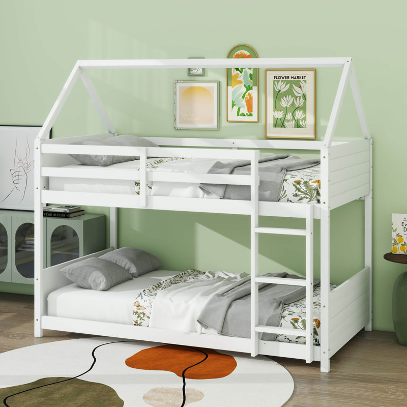  Heddo Twin Over Twin House Floor Bunk Bed Frame, White