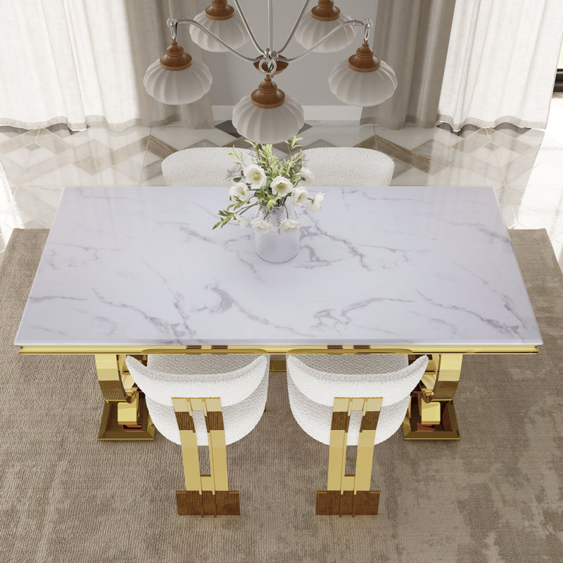 Ensemble de table de salle à manger 5 pièces avec 4 chaises, Blanc / or