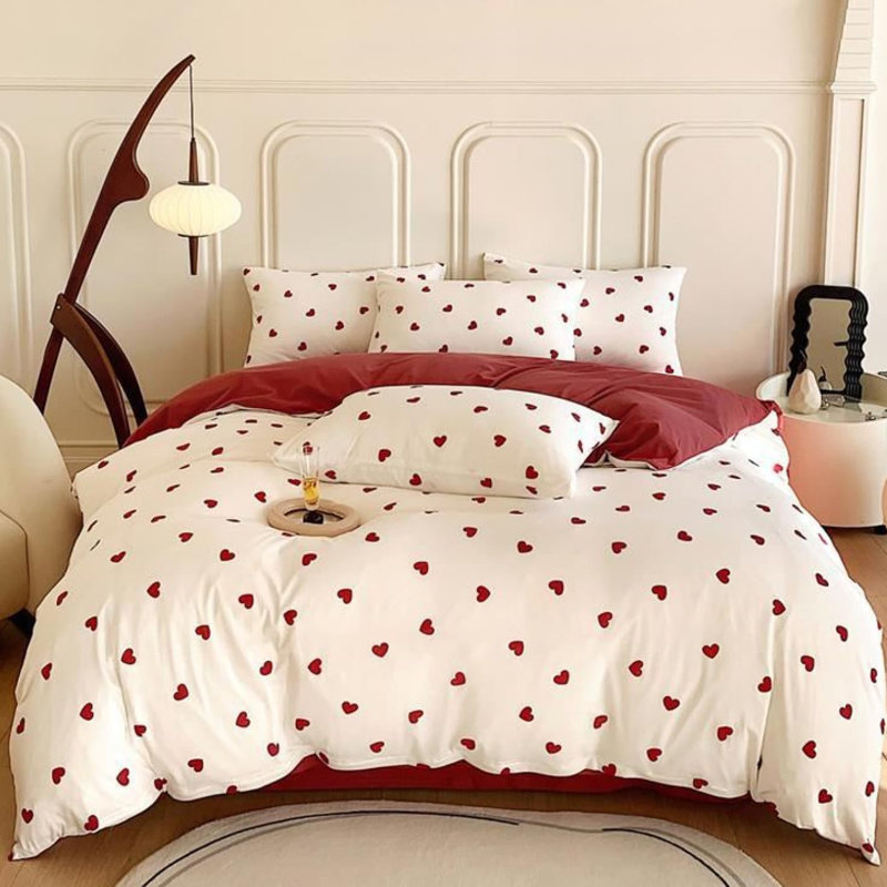 Couvre-lit Blanc rouge et rouge, Ensemble de housse de couette grand + 2 taies d'or