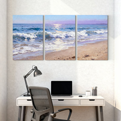 Ocean Waves Beach Scene Canvas Wrapped Wall Art Oil Painting Print Set of 3