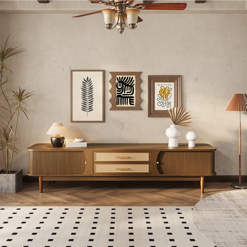 Mid-Century Modern Woven Rattan TV Stand, Fully Assembly, 19.88"H x 70.86"L x 15.75"W
