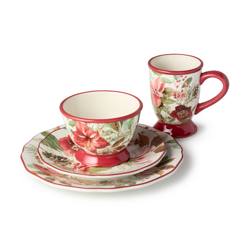 Service de vaisselle romantique 16 pièces Winter Blooms - Élégantes assiettes, tasses et bols en céramique pour 4 personnes - Vaisselle de Noël lavable au lave-vaisselle et au micro-ondes