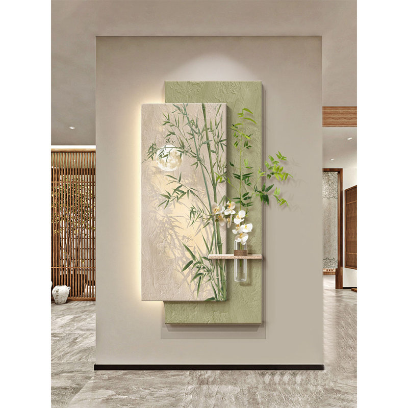 Peinture de style médiéval en bambou et plantes vertes sur une murale, H 55,12 po x l 27,56 po x P 1,18 po