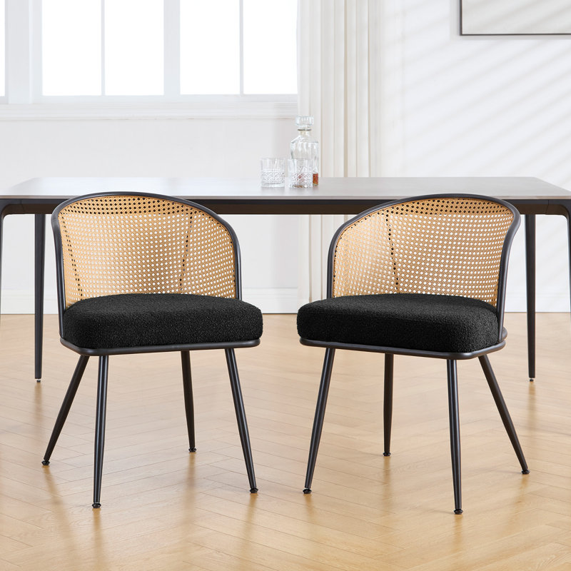 19.3" H Boucle Fabric Upholstered Modern Dining Chairs With Black Metal Frame and Cane Back, Black, 2