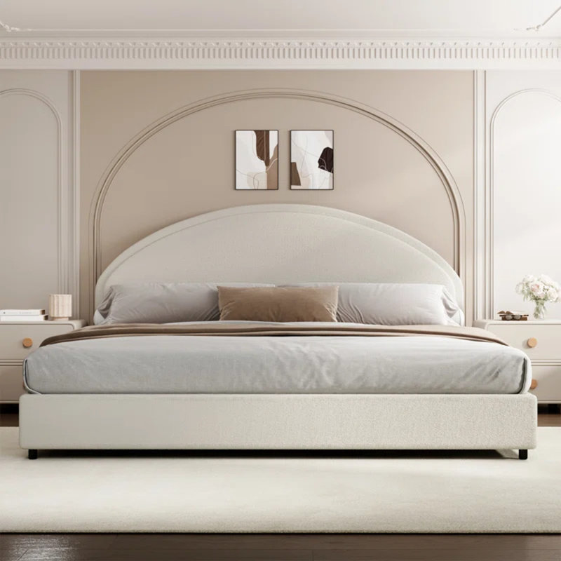 Ensemble de chambre à coucher 3 pièces, avec cadre de lit plateforme tapissier Boucle et base de bois ouverte, White