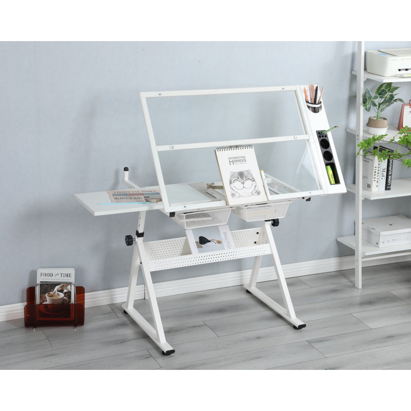Tempered Glass Drafting Printing Table With Stool, White