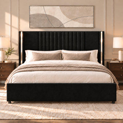 Velvet Upholstered Platform Bed with Channel Tufted Headboard, Chrome Finished Wing Edge, Wooden Slats