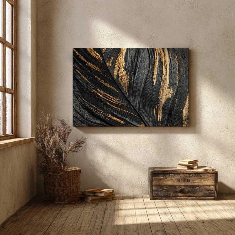 Art mural plume noire et dorée, toile abstraite feuille de Macro - décor moderne glamour, impression de texture luxueuse pour le salon, peinture élégante foncée