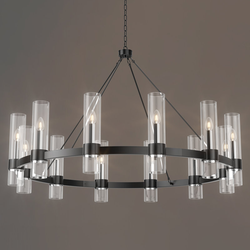 Lustre de roue de chariot avec abat-jour en verre, H 33,9 po x l 43,3 po x P 43,3 po