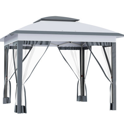 Pop Up Canopy Gazebo, Mesh Netting, 137 Sq.Ft Shade, Outdoor, Garden, Gray Outdoor With Top For Added Durability