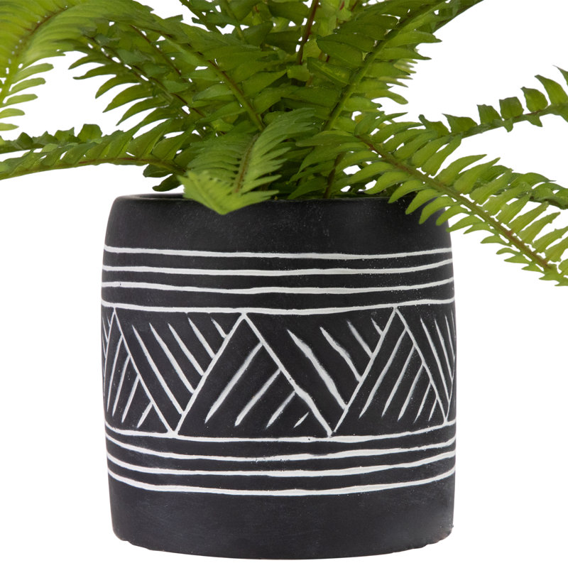 12'' Green Faux Fern Plant in Charcoal Aztec Ceramic Pot