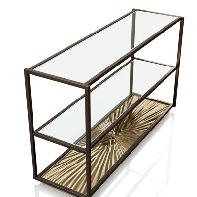 Aureum Modern Metal Console Table with Sunburst Base and Glass Shelf