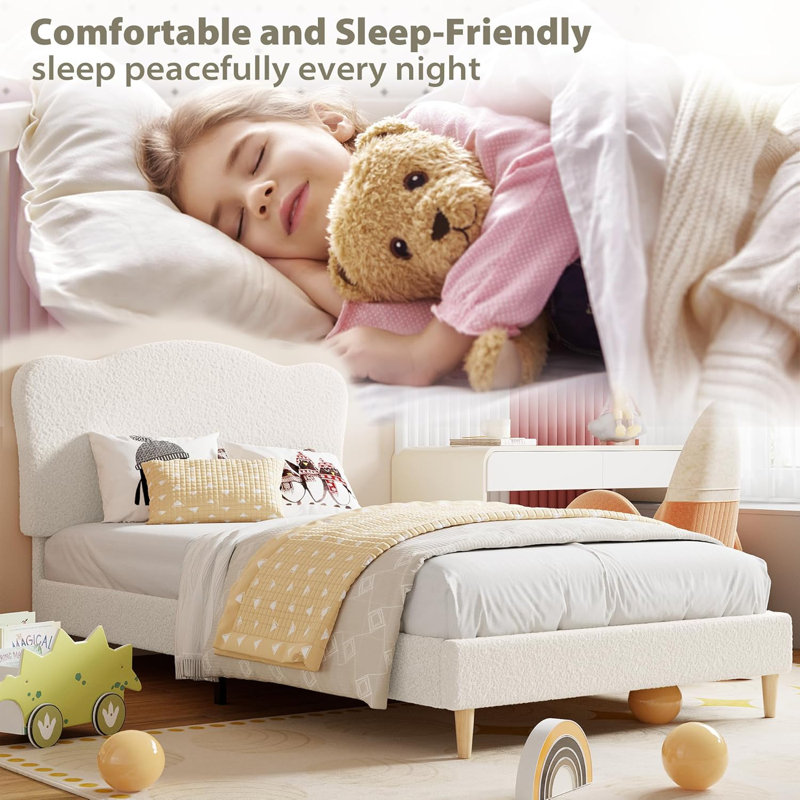 Upholstered Twin Size Bed Frame For Kids With Scallop Headboard, Cute Velvet Twin Bed For Girls, Boys, Sturdy Platform Bed, No Box Spring Needed, Wooden Slats, Noise Free