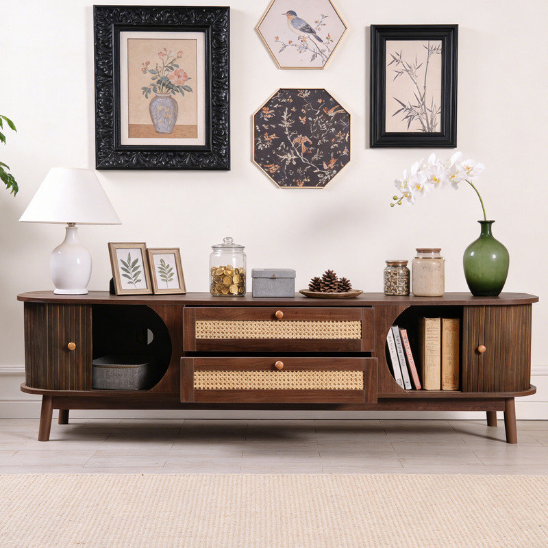 Meuble télé 75 po avec rotin tissé, console multimédia et centre de divertissement avec pieds en bois massif pour le salon
