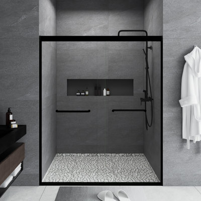 Porte de douche coulissante double en aluminium de 56 à 60 po x H 72 po | Verre trempé 1/4 de pouce avec film antidéflagrant | Poignée en acier inoxydable | Noir mat