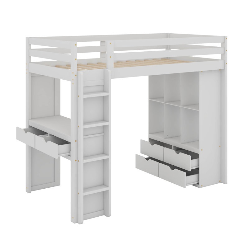 Lit mezzanine double avec grandes tablettes, bureau et lumière DEL, Blanc