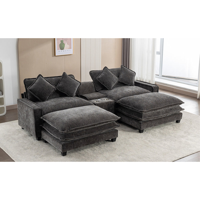 111" Sectional Sofa Chenille Upholstered Sofa With Two Removable Ottoman, Two USB Ports, Two Cup Holders And Large Storage Box For Living Room, Grey