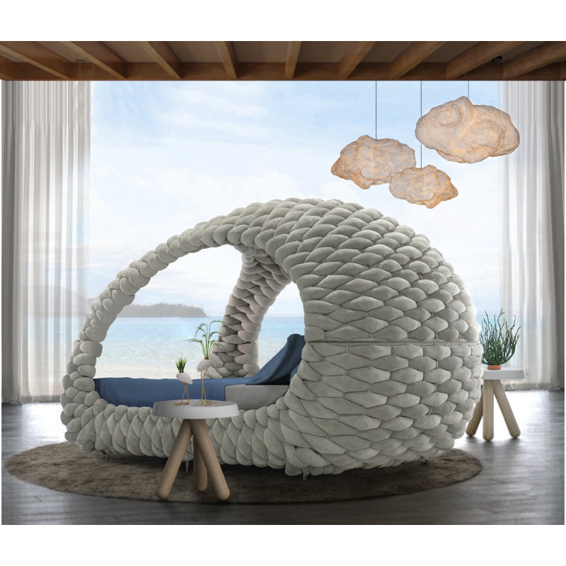 Dolce Velvet Solid Wood Canopy Bed, Queen, Ivory