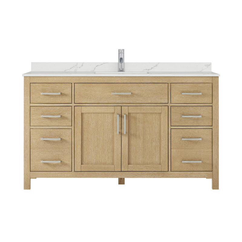 Beckett 60" Freestanding Single Bathroom Vanity with Quartz Top, Whitewashed Oak, Brushed Nickel, Giotto Quartz
