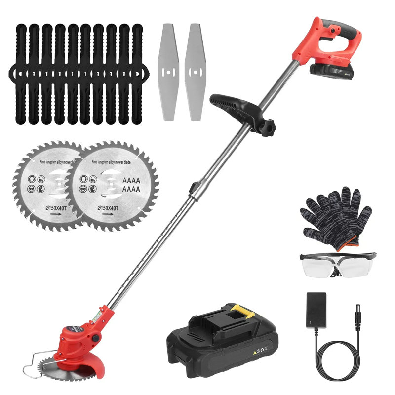 Coupe-herbe électrique sans fil pour tondeuse à gazon rechargeable sans fil avec lame de scie en alliage 2 pales en alliage 5 pales en plastique 2 piles rechargeables Gants à gants Poignée auxiliaire