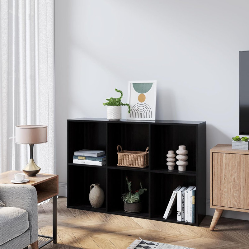Latitude Run® Bookcase, 6 Cube Open Storage Organizer Display Bookshelf, Obsidian Wood, 23.6" H x 35.1" W x 11.8" D