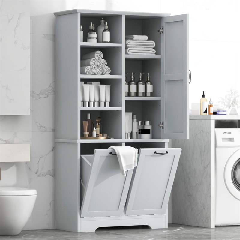 Bathroom Storage Cabinet With Doors And Drawers, Tilt-Out Laundry Hamper, Multiple Storage Space, Freestanding Style, Open Shelve, Adjustable Shelf, Gray