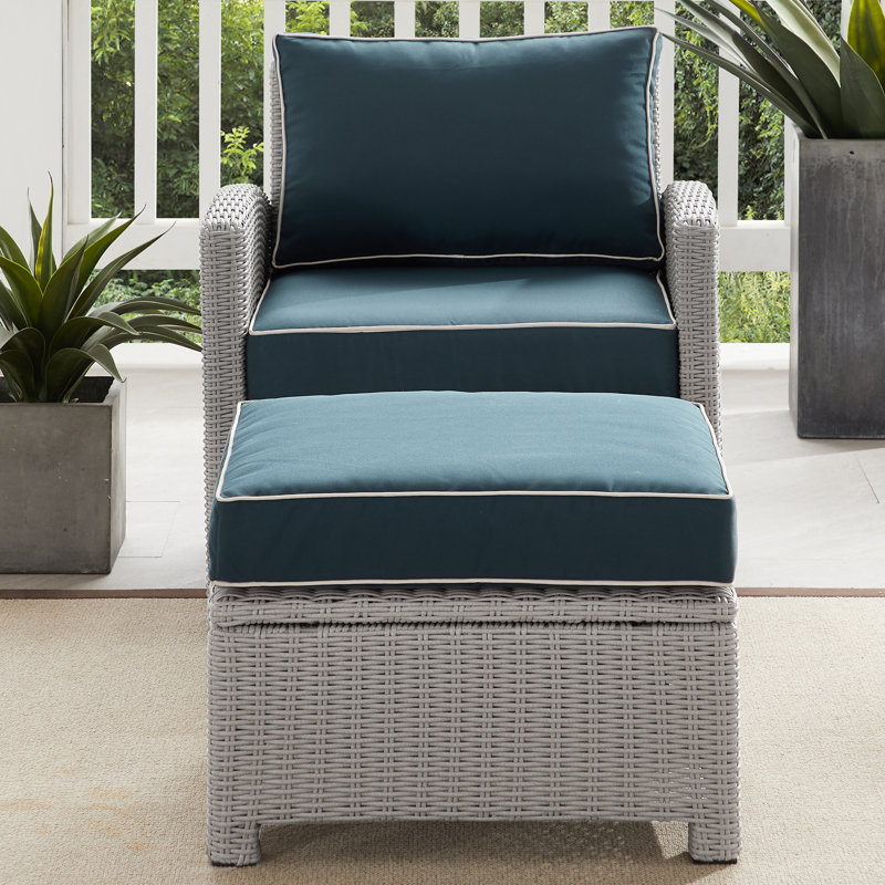 Wicker Outdoor Lounge Chair with Ottoman, Navy, Gray