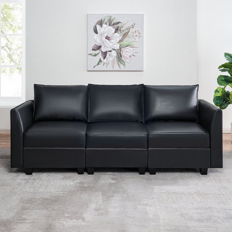 Rudiger Modular Convertible Sectional Air Leather 3 Seater Sofa with Reversible Chaise,, Black Air Leather